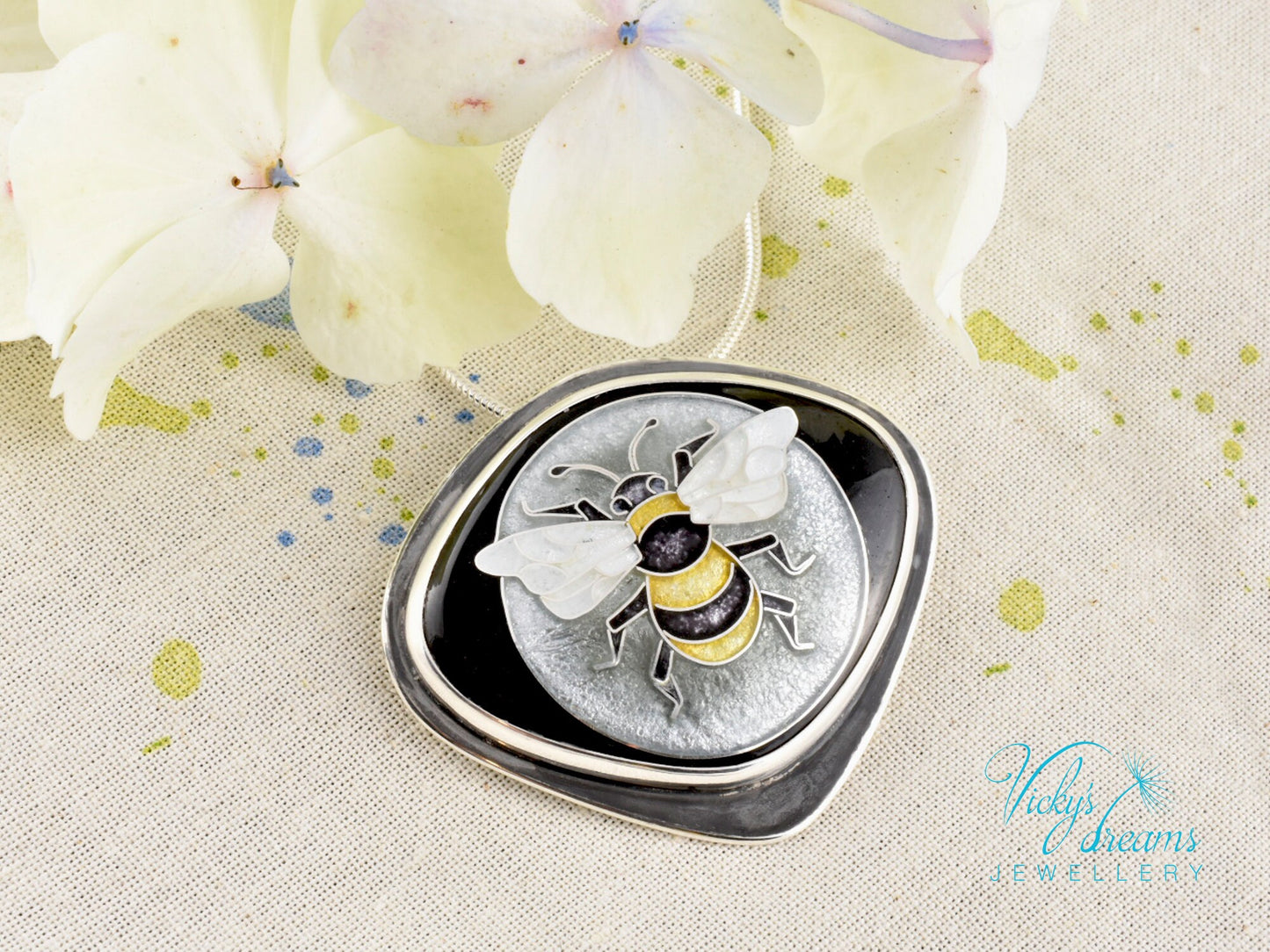 Honeybee Cloisonne Enamel Pendant Silver Necklace Sterling Jewelry Handmade Unique
