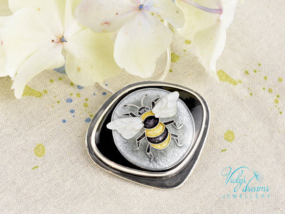 Honeybee Cloisonne Enamel Pendant Silver Necklace Sterling Jewelry Handmade Unique