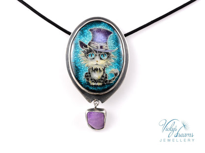 Sterling Silver Tabby Cat Pendant with Amethyst and Cloisonne Enamel