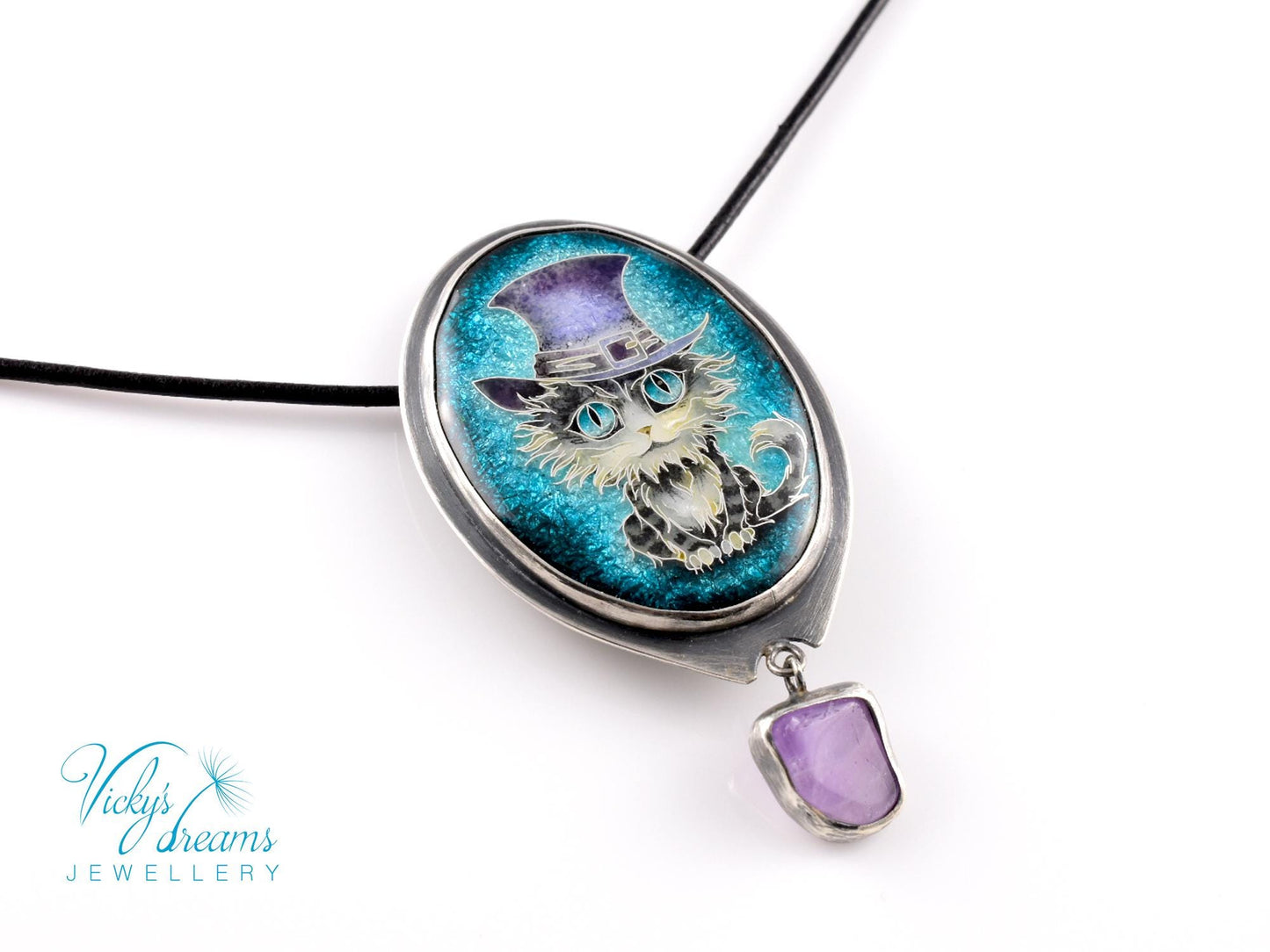 Sterling Silver Tabby Cat Pendant with Amethyst and Cloisonne Enamel