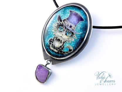 Sterling Silver Tabby Cat Pendant with Amethyst and Cloisonne Enamel