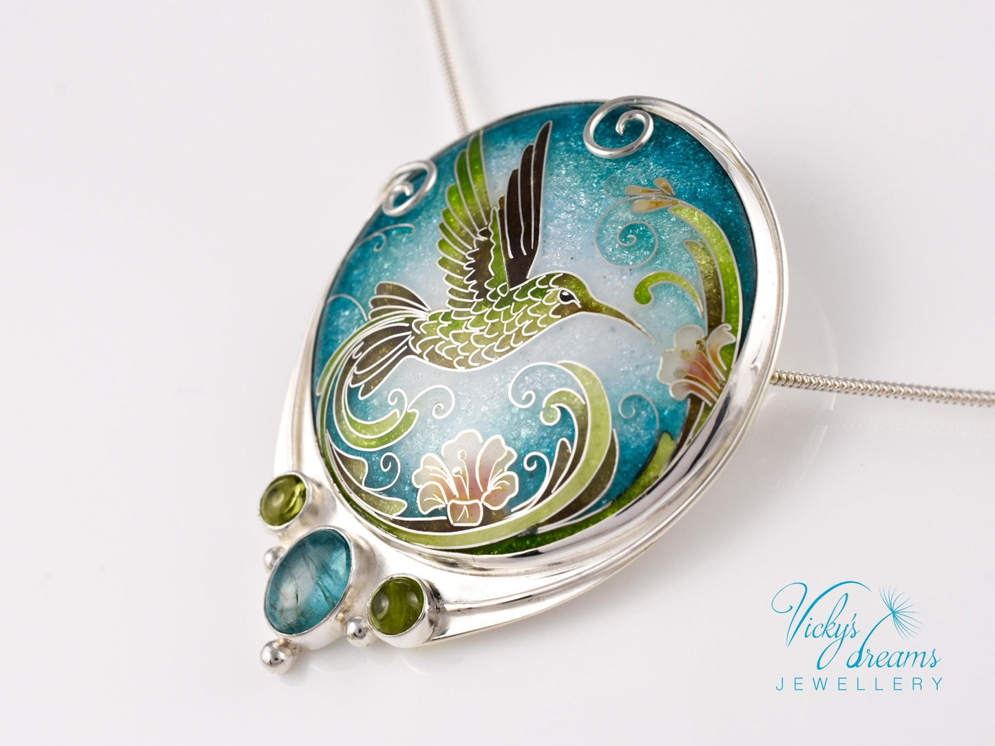 Hummingbird Cloisonne Enamel Pendant Silver Necklace Sterling Jewelry Handmade Unique