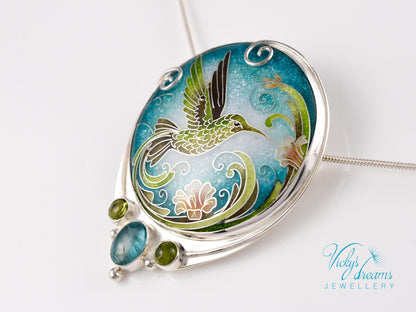 Hummingbird Cloisonne Enamel Pendant Silver Necklace Sterling Jewelry Handmade Unique