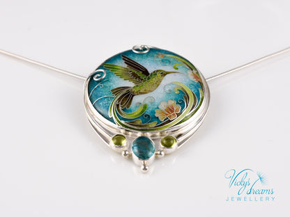 Hummingbird Cloisonne Enamel Pendant Silver Necklace Sterling Jewelry Handmade Unique
