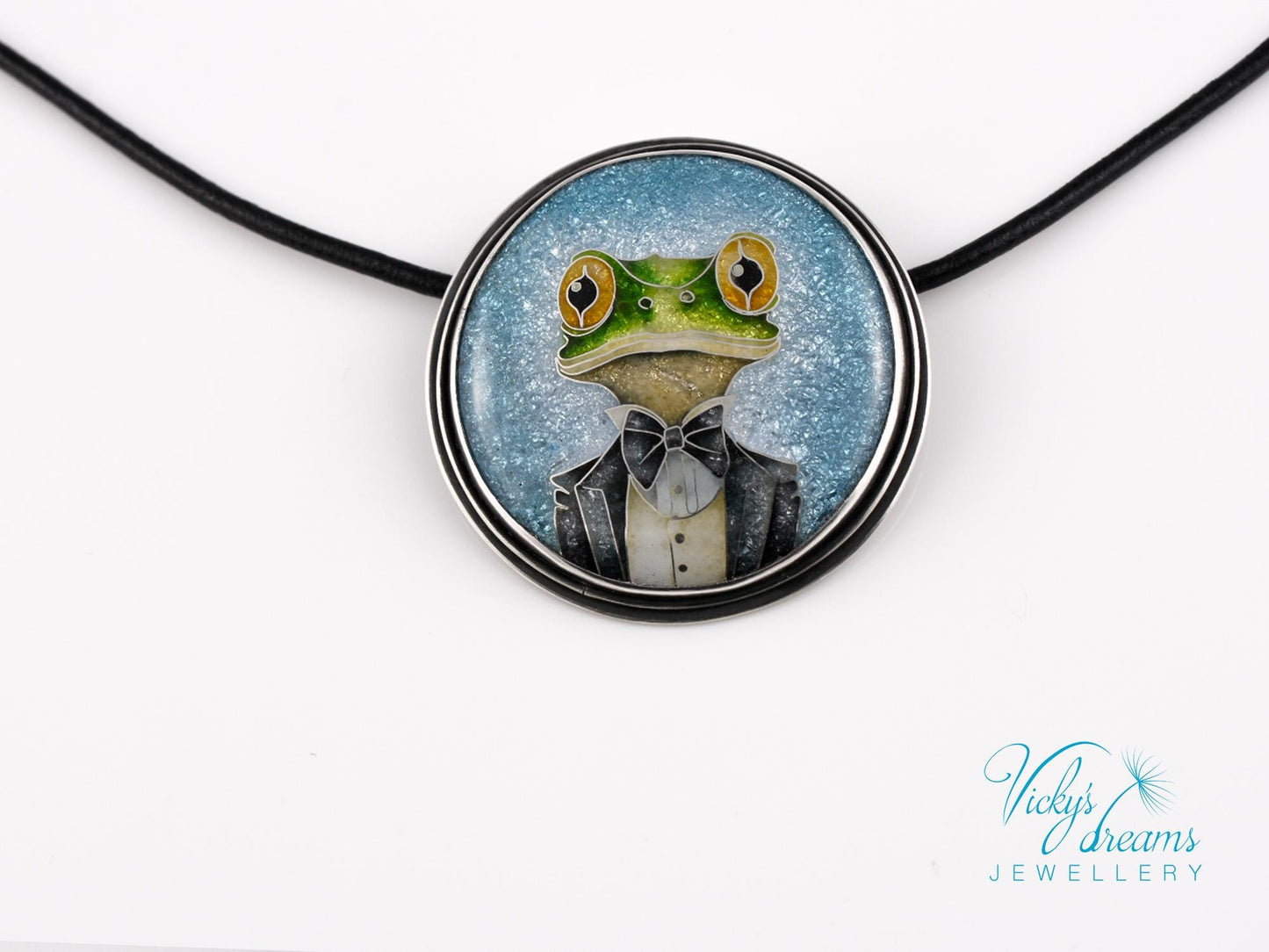 Unique Sterling Silver Mr. Frog Cloisonne Enamel Pendant Necklace Gift