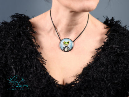 Unique Sterling Silver Mr. Frog Cloisonne Enamel Pendant Necklace Gift