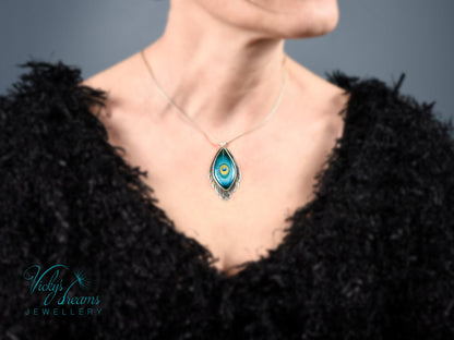 Vibrant Silver Cloisonne Enamel Pendant with Peacock Feather Design