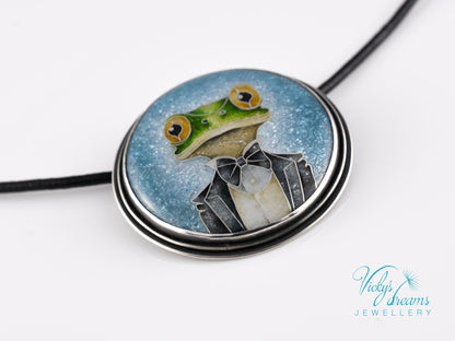 Unique Sterling Silver Mr. Frog Cloisonne Enamel Pendant Necklace Gift