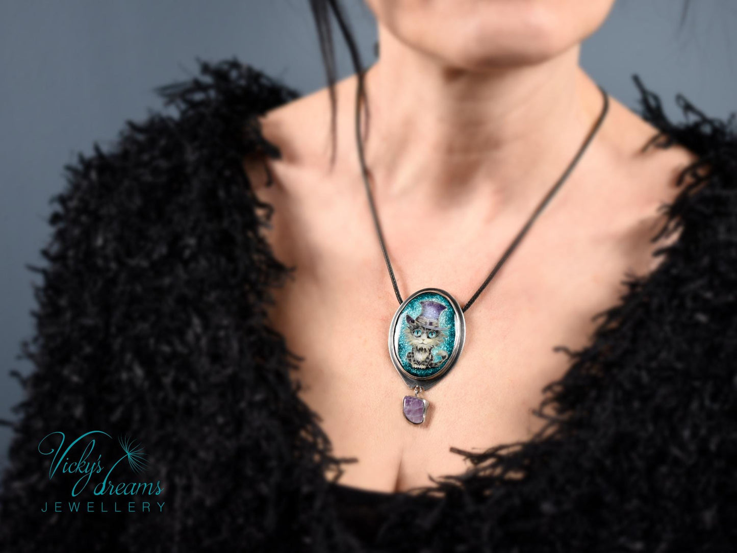 Sterling Silver Tabby Cat Pendant with Amethyst and Cloisonne Enamel