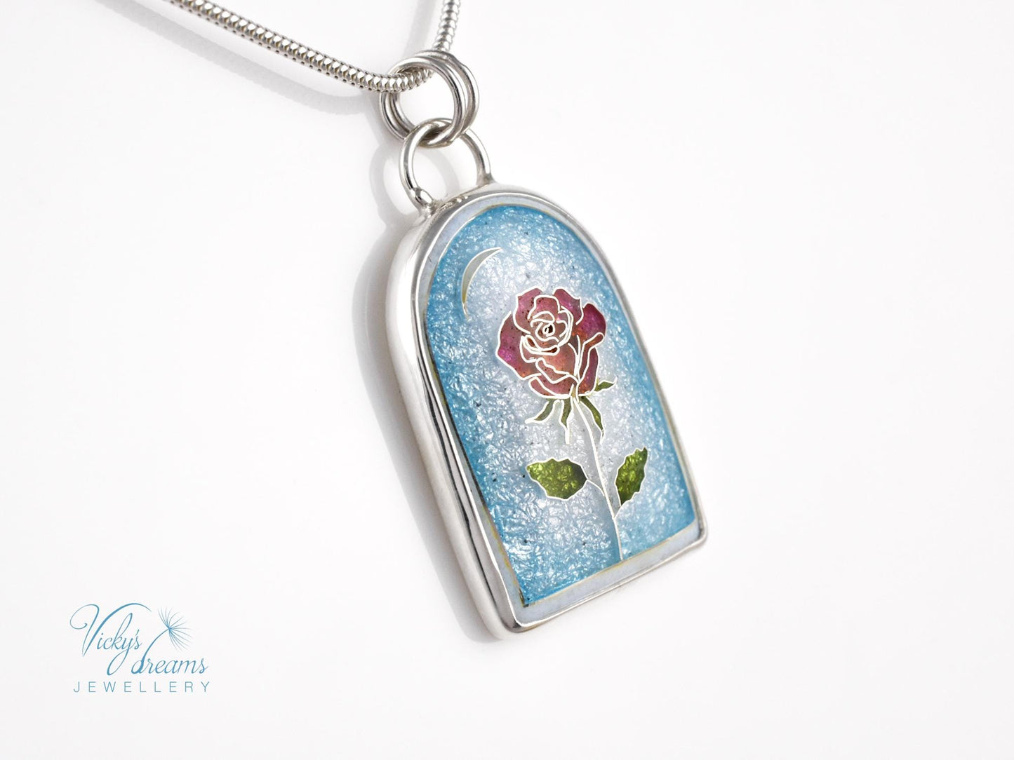 Handcrafted Cloisonne The Little Prince's rose Pendant: Sterling Silver Enameled Necklace Art Necklace