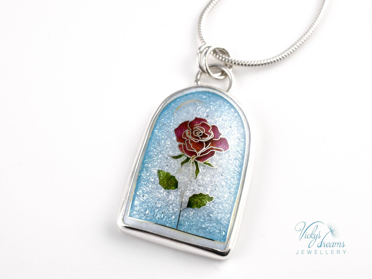 Handcrafted Cloisonne The Little Prince's rose Pendant: Sterling Silver Enameled Necklace Art Necklace