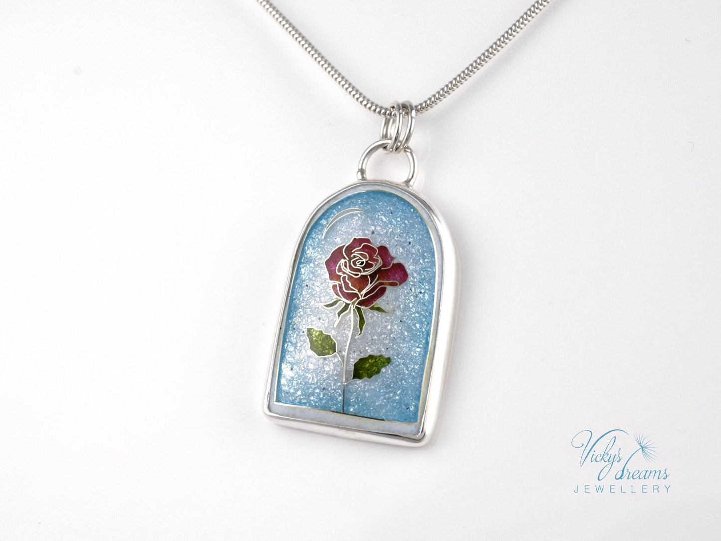 Handcrafted Cloisonne The Little Prince's rose Pendant: Sterling Silver Enameled Necklace Art Necklace