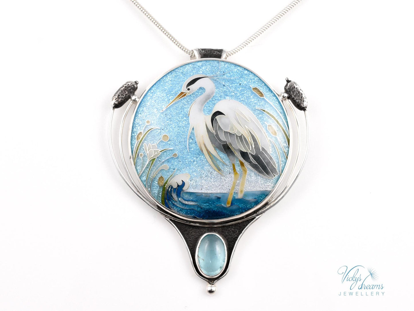 Handmade Cloisonné Enamel Necklace – Graceful Heron with Paraiba Apatite and Sterling Silver