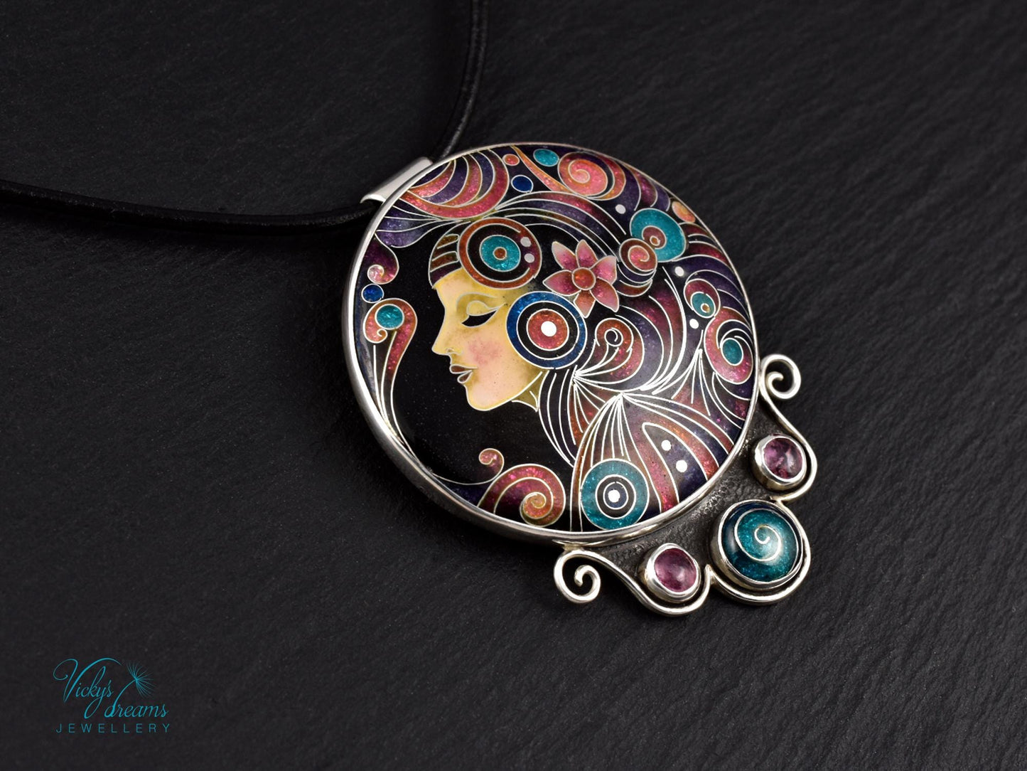 Artisan Cloisonné Necklace – Enamel & Tourmaline Pendant in Sterling Silver