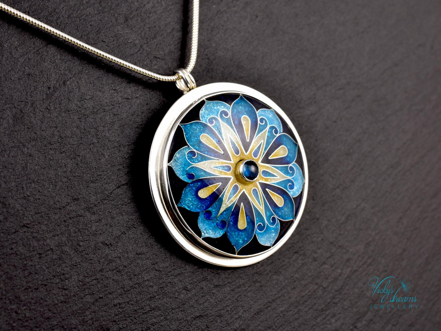 Vibrant Mandala Cloisonné Enameled Sterling Silver Pendant Necklace