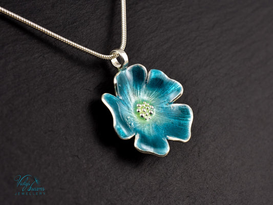 Vibrant Blue Flower Pendant in Sterling Silver with Handmade Enamel