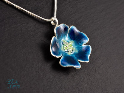 Bright blue flower, fine silver pendant, handmade enamel jewelry