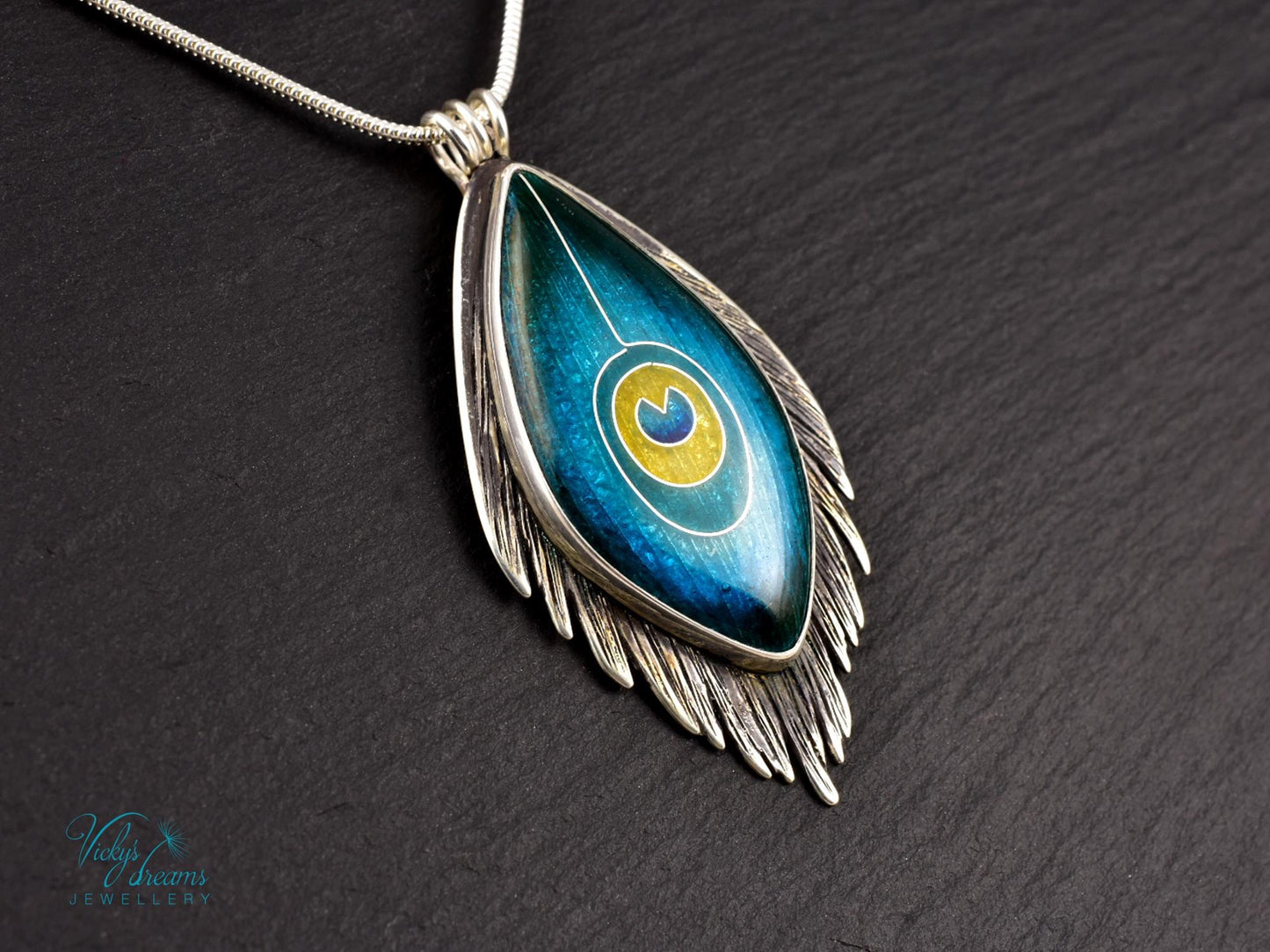 Vibrant Silver Cloisonne Enamel Pendant with Peacock Feather Design
