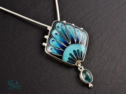 Unique Turquoise Fan Pendant Cloisonne Sterling Silver Art Jewelry Handmade