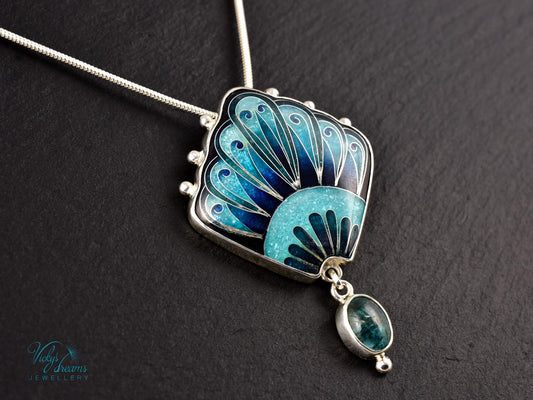 Unique Turquoise Fan Pendant Cloisonne Sterling Silver Art Jewelry Handmade
