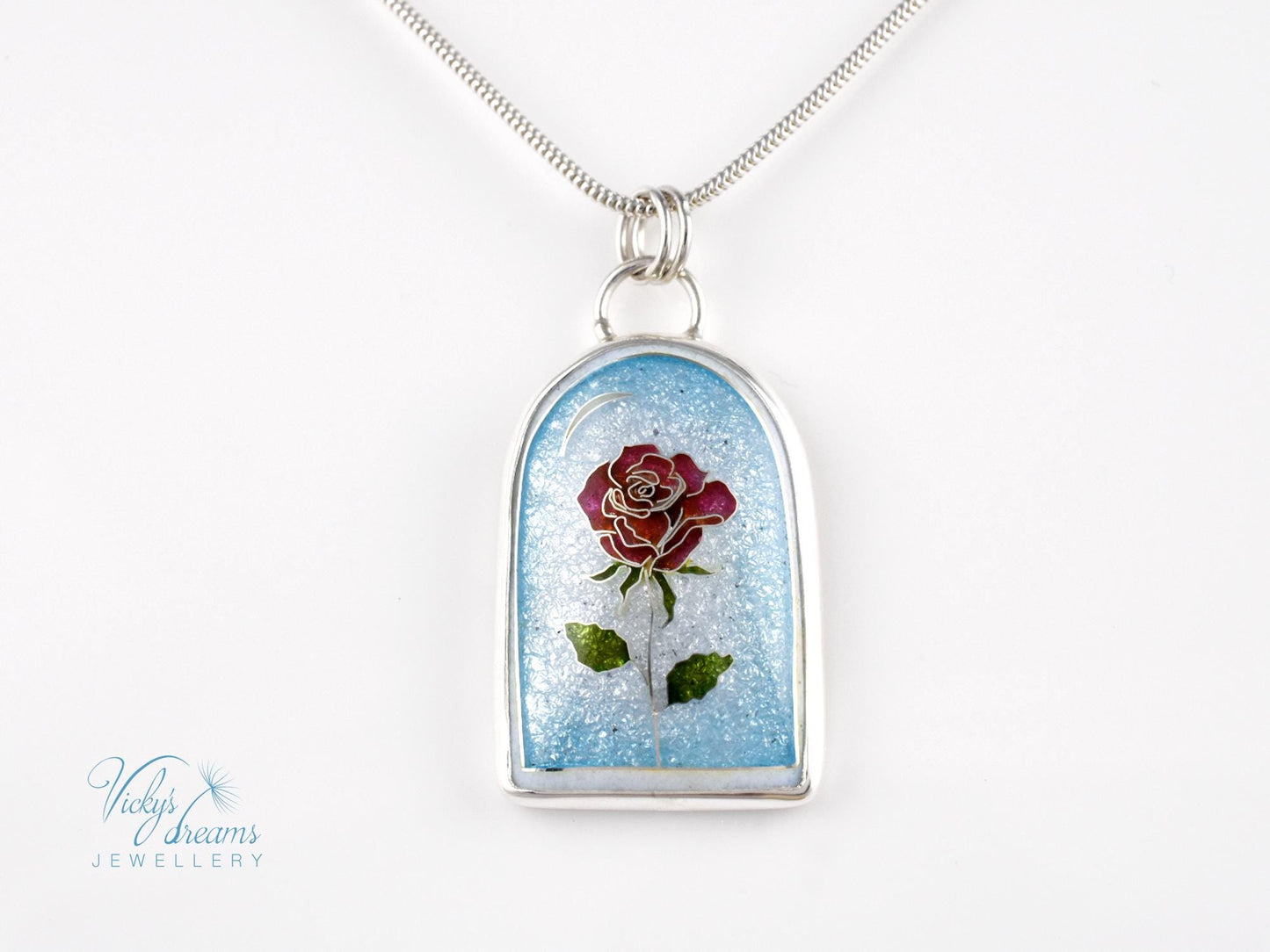 Handcrafted Cloisonne The Little Prince's rose Pendant: Sterling Silver Enameled Necklace Art Necklace