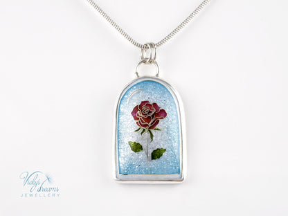 Handcrafted Cloisonne The Little Prince's rose Pendant: Sterling Silver Enameled Necklace Art Necklace