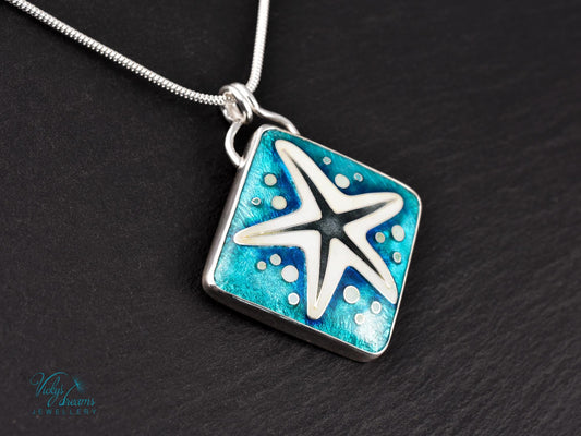 Vibrant Cloisonne Enamel Starfish Pendant Necklace - Handmade Sterling Silver Ocean Jewelry