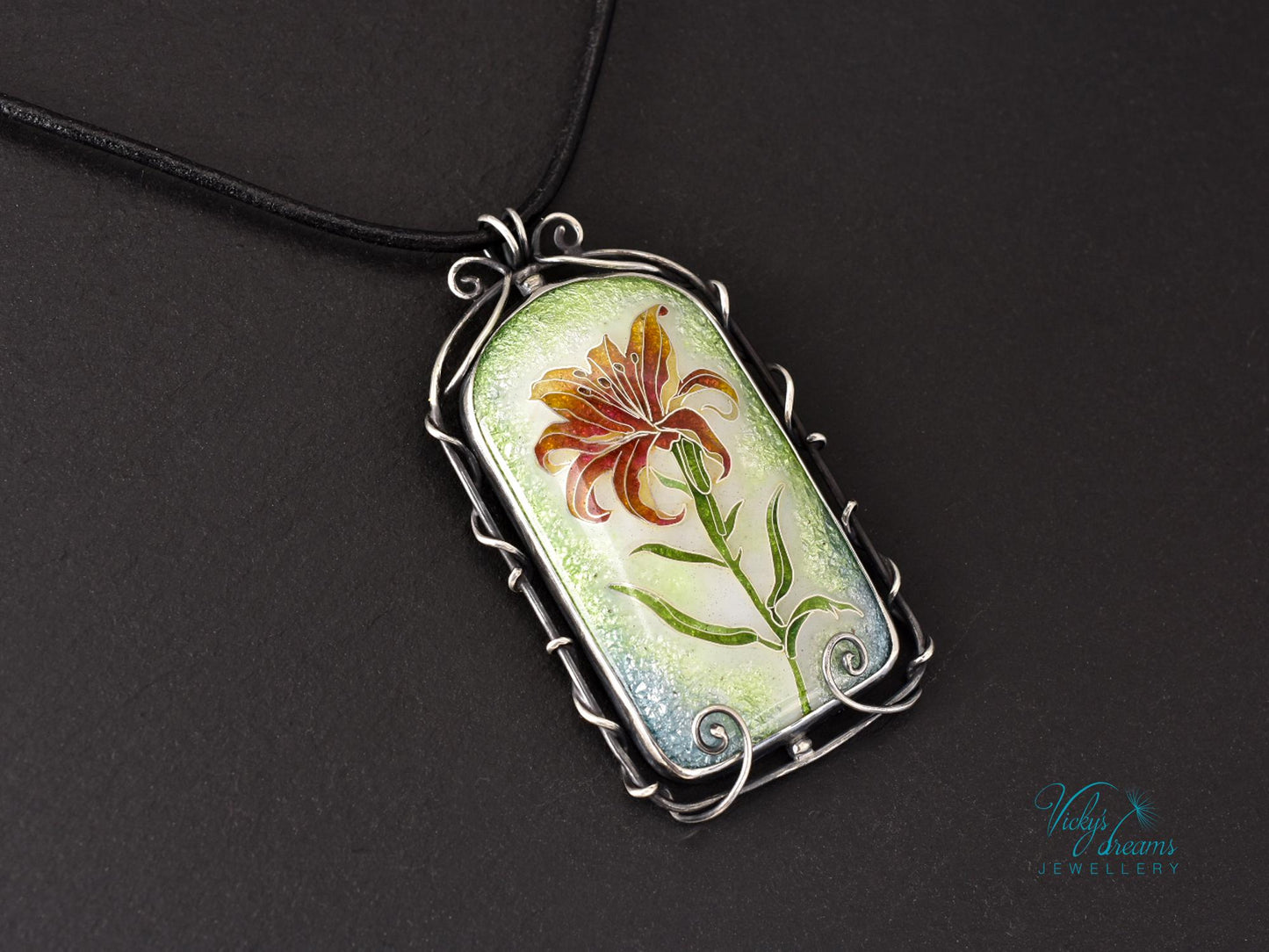 Elegant Fire Lily Enamel Pendant - Handcrafted Nature-Inspired Necklace for Botanical Enthusiasts