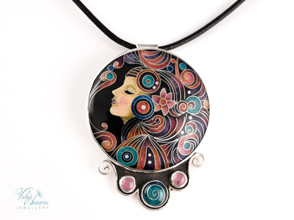 Artisan Cloisonné Necklace – Enamel & Tourmaline Pendant in Sterling Silver