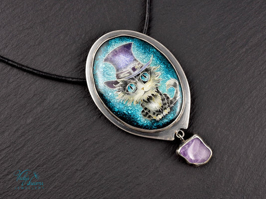 Sterling Silver Tabby Cat Pendant with Amethyst and Cloisonne Enamel
