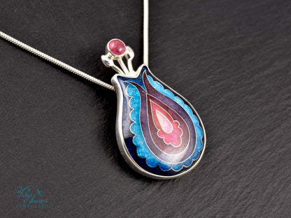 Vibrant color, folk motif flower, sterling silver pendant, cloisonne enameled jewelry, handmade jewelry, wearable art