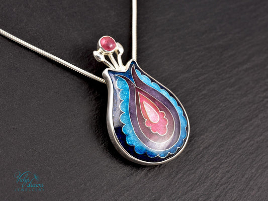 Vibrant color, folk motif flower, sterling silver pendant, cloisonne enameled jewelry, handmade jewelry, wearable art