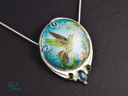 Hummingbird Cloisonne Enamel Pendant Silver Necklace Sterling Jewelry Handmade Unique