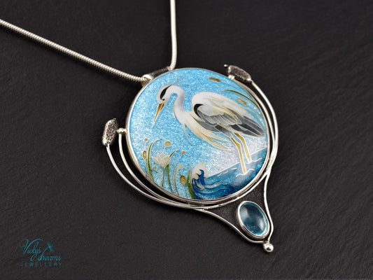 Handmade Cloisonné Enamel Necklace – Graceful Heron with Paraiba Apatite and Sterling Silver