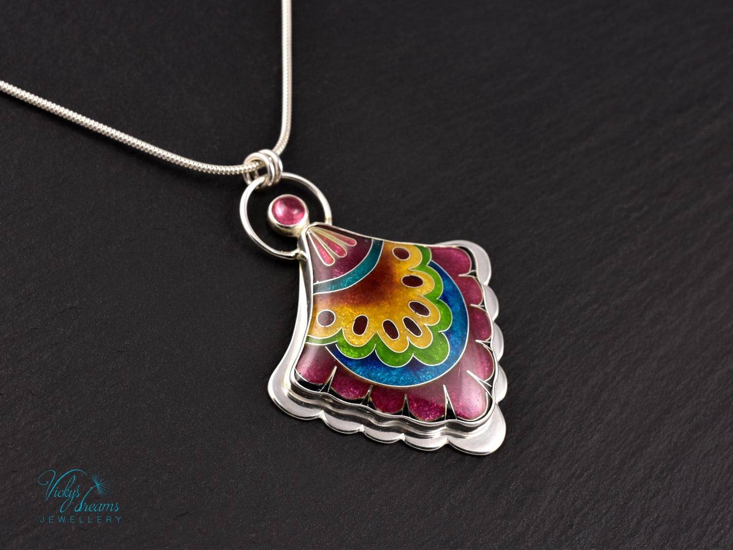 Fulcolor fan shaped design, sterling silver pendant, cloisonne enameled jewelry, handmade jewelry