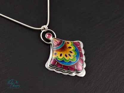 Fulcolor fan shaped design, sterling silver pendant, cloisonne enameled jewelry, handmade jewelry