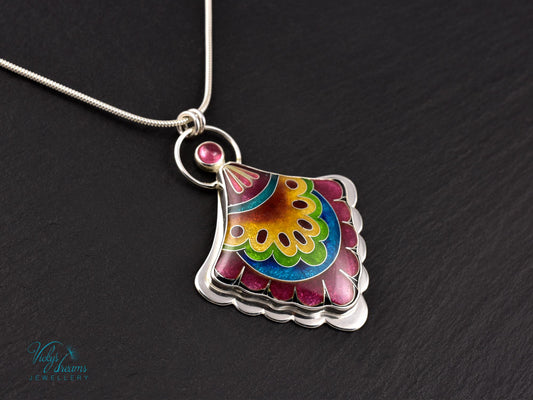 Fulcolor fan shaped design, sterling silver pendant, cloisonne enameled jewelry, handmade jewelry