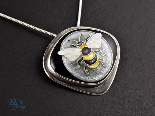 Honeybee Cloisonne Enamel Pendant Silver Necklace Sterling Jewelry Handmade Unique