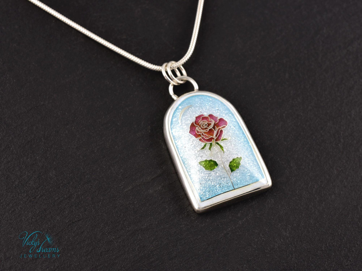 Handcrafted Cloisonne The Little Prince's rose Pendant: Sterling Silver Enameled Necklace Art Necklace