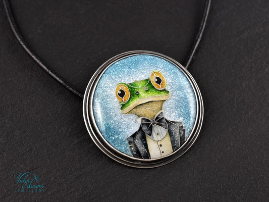 Unique Sterling Silver Mr. Frog Cloisonne Enamel Pendant Necklace Gift