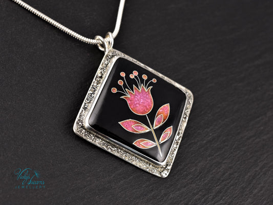 Delicate Pink Flower Cloisonne Pendant Necklace - Minimalist Enamel Sterling Silver Jewelry for Quiet Elegance