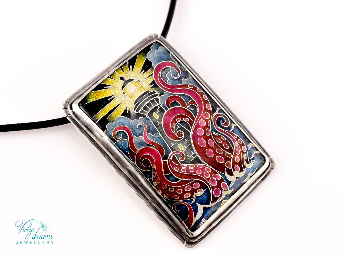 Handmade Cloisonné Enamel Lighthouse Pendant: Sterling Silver Octopus Necklace