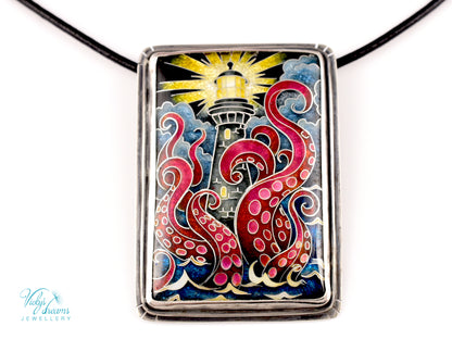 Handmade Cloisonné Enamel Lighthouse Pendant: Sterling Silver Octopus Necklace