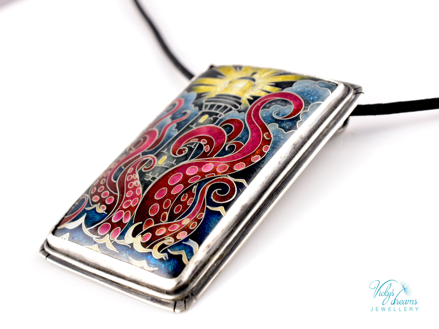 Handmade Cloisonné Enamel Lighthouse Pendant: Sterling Silver Octopus Necklace