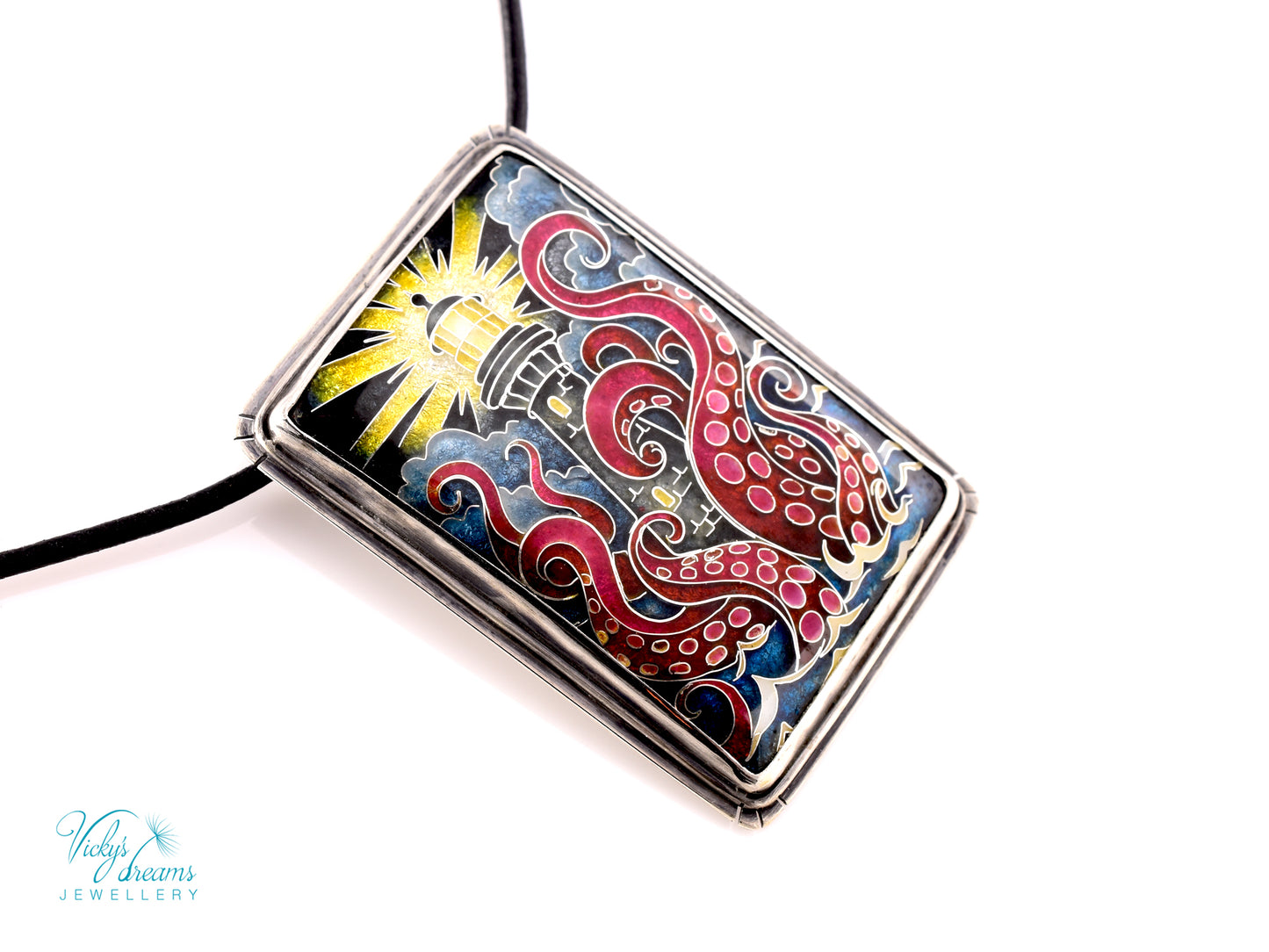Handmade Cloisonné Enamel Lighthouse Pendant: Sterling Silver Octopus Necklace