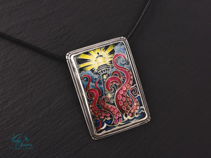Handmade Cloisonné Enamel Lighthouse Pendant: Sterling Silver Octopus Necklace
