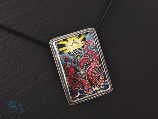 Handmade Cloisonné Enamel Lighthouse Pendant: Sterling Silver Octopus Necklace