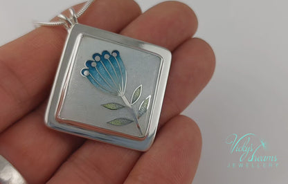 simple  little blue flower, sterling silver necklace, cloisonne enamel jewelry