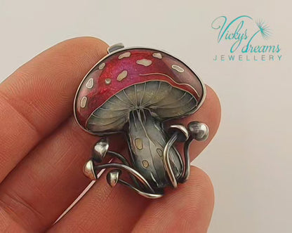 vibrant red mushroom, sterling silver pendant, cloisonne enameled handmade jewelry