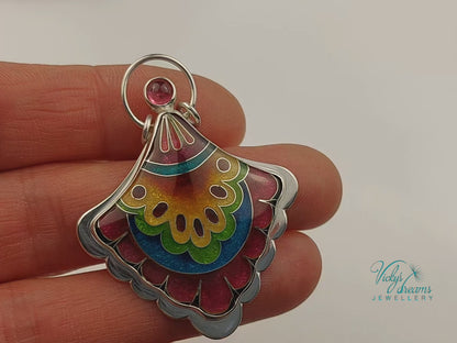 Fulcolor fan shaped design, sterling silver pendant, cloisonne enameled jewelry, handmade jewelry